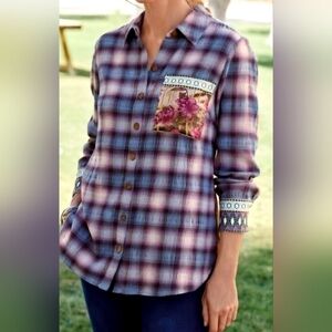 Soft Surroundings Plaid Mixed Print Embroidered Shirt